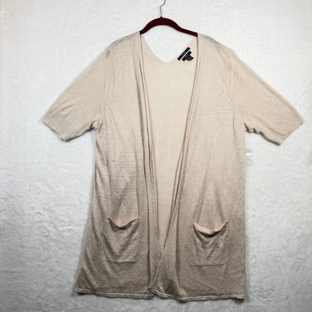 Tahari 100% Linen Open Front Cardigan Womens 2X Beige Long Duster Pockets NWOT